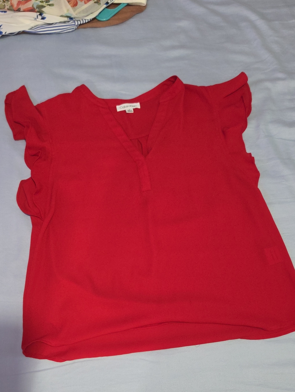 Calvin Klein Bright Red Ruffle Sleeve V-Neck Blouse